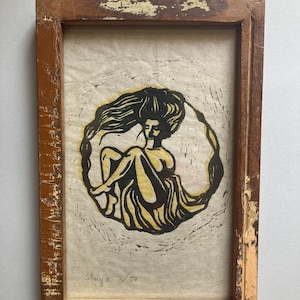 Woman circle linocut print