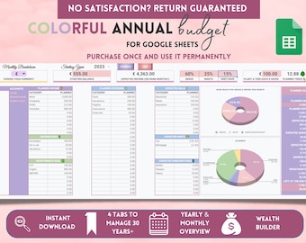 Annual Budget Template: Colorful Google Sheets Financial Planner (Digital Download)