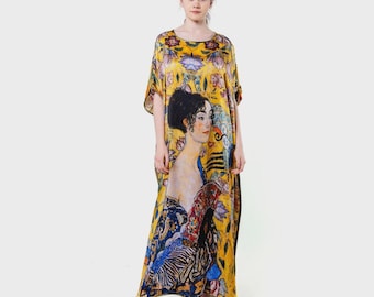 Silk Dressing Gown, Gustav Klimt 'Lady with Fan' Print, Luxury Loungewear