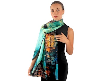 Aqua Green Venetian Mulberry Silk Scarf, Painting Shawl