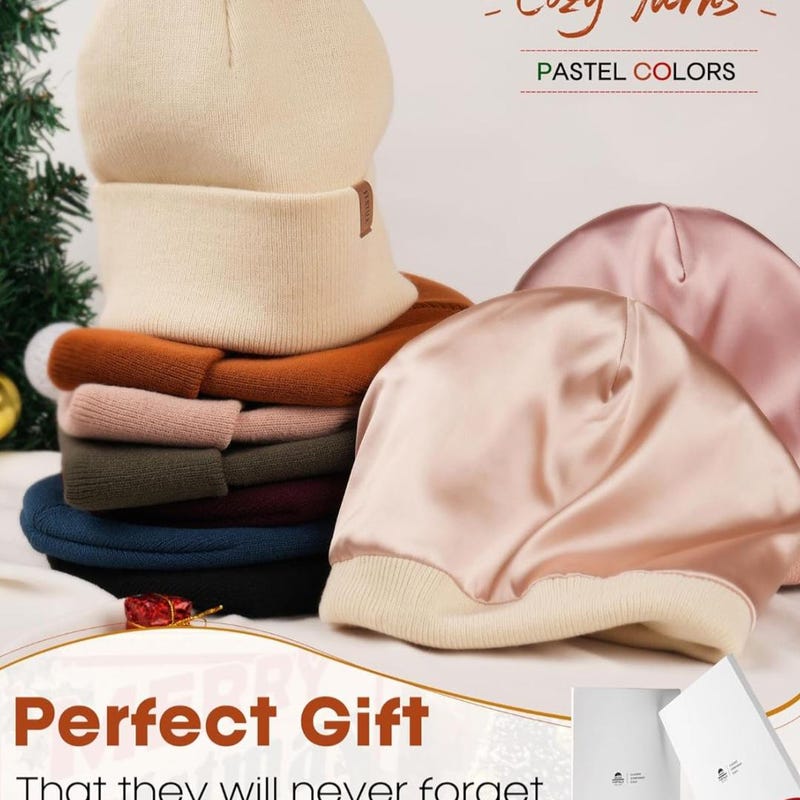 Women's Satin Lined Beanie With Brim - Slouchy Winter Knit Hat For Cold Weather