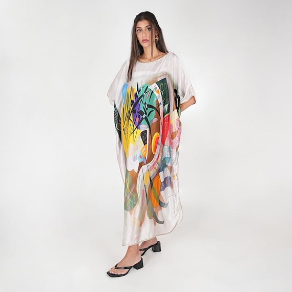 100 % Silk Dressing ,birthday Gift,gift for Her, Luxury Loungewear,pure Silk Long Dress | Kandinsky Dominant Curve