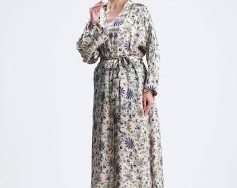 Kimono de seda Mulberry, bata larga de estar por casa con estampado floral