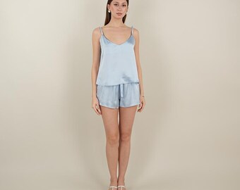 Conjunto de pijama de seda pura, blusa y pantalones cortos / Suave % 100 seda
