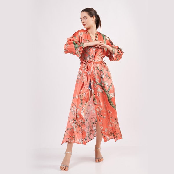 100 % Seiden-Kimono-Robe, Geschenk für Mutter, Geschenk für sie: Lange Robe zum Valentinstag, Granatapfelblume | Van Gogh-Mandelbaum, TRAGBARE KUNST