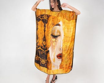 100 %  Silk Brach Dressing Gift for Wife, Luxury Loungewear, Silk Kimono Nightdress, Long Silk Dress |  Gustav Klimt Freya&#39;s Tears |