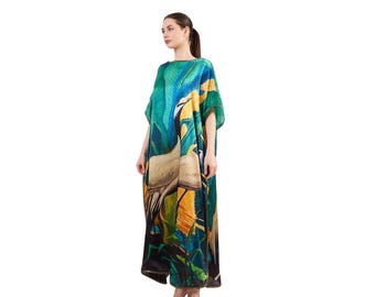 100 %  Silk Dress ,Green silk dress  ,Luxury Loungewear, Luxury Long , Green Patterned