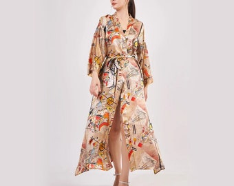 100 % Silk Kimono Robe  Chic and Cozy: Long Kimono Robe - Perfect Honeymoon Loungewear, Kandinsky Bustling Aquarelle