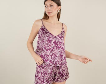 Conjunto de pijama de seda pura, blusa y pantalones cortos / Suave % 100 Seda FLOR