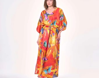 Vestido largo 100 % seda hecho a mano con estampado de mariposas / Caftán bohemio de lujo / Elegante prenda para resort