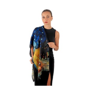 Van Gogh,  Pure Silk Scarf, Valentine&#39;s day , Soft Silk Long Shawl,  &quot;Café Terrace at Night&quot; Painting Shawl, Unique Gifts, Thank You Gifts,