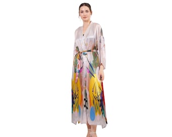 Kimono de seda Mulberry, estampado artístico de Kandinsky, ropa de estar por casa larga
