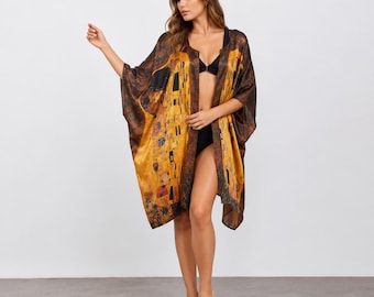 Masterpiece in Silk | 100% Silk Short Kimono Pareo Inspired by Gustav Klimt's The Kiss | Luxury Fashion