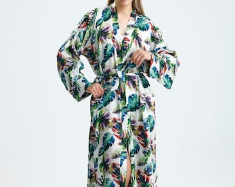 Bata kimono 100 % seda, ropa de estar larga