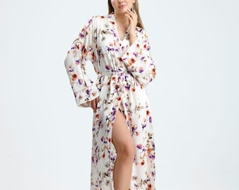 Kimono de seda floral, bata larga para estar en casa
