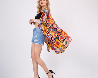 100 % Silk Short Kimono Kandinsky Squares with Circles Art Print Beach Cover Up Luxury Silk Robe
