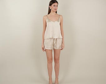 Conjunto de pijama de seda pura, blusa y pantalones cortos / Suave % 100 seda