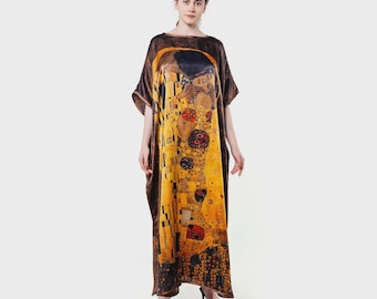 Masterpiece in Silk | 100% Silk Long Dress Inspired by Gustav Klimt&#39;s The Kiss | Luxury Fashion