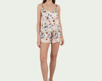 Conjunto de pijama de seda pura, blusa y pantalones cortos / Suave % 100 seda