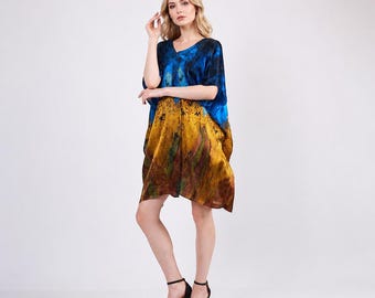 100 Percent Silk Short Kimono Van Gogh Wheatfield with Crows Art Print Beach Cover Up Luxury Silk Robe