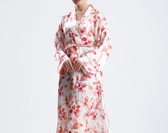 Bata kimono de seda Mulberry, ropa de estar por casa con estampado floral