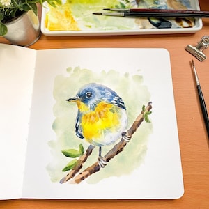 Zelfstudie aquarelvogel stap voor stap schilderen downloadbare pdf, eenvoudige zelfstudie schilderen, zelfstudie vogelillustratie, beginnersgids vogelkunst