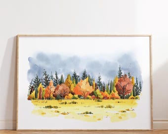 Fall forest Landscape Printable, Autumn Printable Art, painting Rustic Decor Fall rural Wall Art Vintage Style art autumn illustration