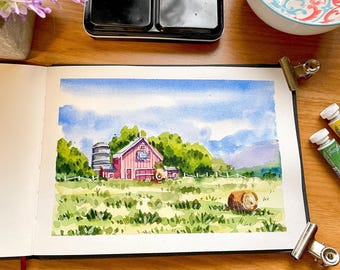 Aquarell Farm Painting Tutorial, Ländliche Landschaft, Rustikale Schritt für Schritt Malerei PDF, einfach Anfänger Farm Art Aquarell Anleitung,