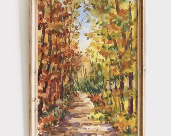Impresión de paisaje de bosque otoñal, arte imprimible de otoño, pintura de otoño, decoración rústica de otoño, arte de pared rural de otoño, arte al óleo de estilo vintage,