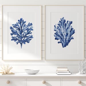 Navy Blue Coral & Seaweed Set of 2 Printable Wall Art, Coastal Beach House Decor, Watercolor Sea Print, Nautical Ocean Minimalist Marine art