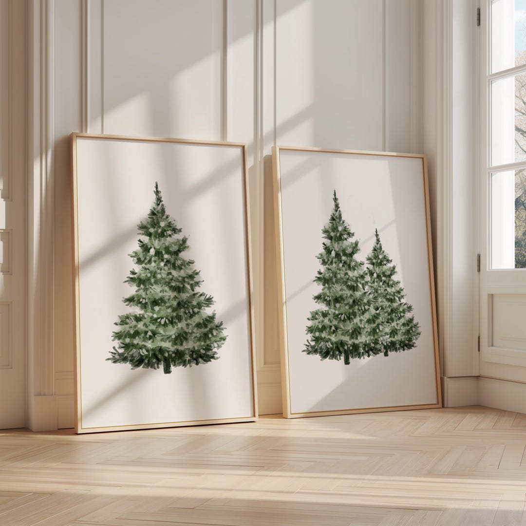 Set of 2 Winter Trees Printables, Snowy Tree Print Wall Art, Vintage ...