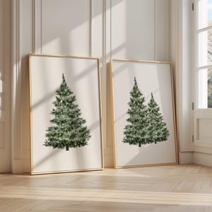Conjunto de 2 imprimibles de árboles de invierno, arte de pared con estampado de árboles nevados, decoración navideña de estilo vintage, pintura de acuarela de árboles nevados, impresión de abetos