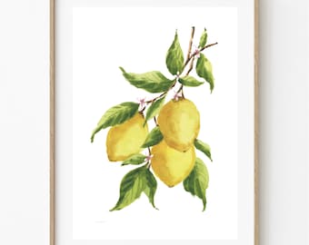 Impressão de limão, arte de parede para impressão de frutas cítricas, decoração de cozinha, pintura em aquarela de galho de limão, ilustração botânica, arte de pôster vintage
