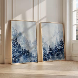 Conjunto de 2 impressões abstratas de floresta enevoada em azul, arte de parede minimalista, arte de parede azul, impressões de paisagens, arte de parede de montanha, decoração azul