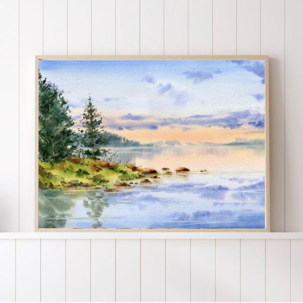 Mountain Forest Lake Finland Art Printable Sunrise Landscape Watercolor Painting Pine Trees Wall Art Nature Poster Farmhouse Wall Decor