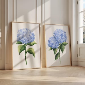 Blauwe hortensia aquarel afdrukbare, botanische wanddecoratie, hortensia set van 2 prints, modern interieur, Hamptons kunst aan de muur, blauwe bloemen