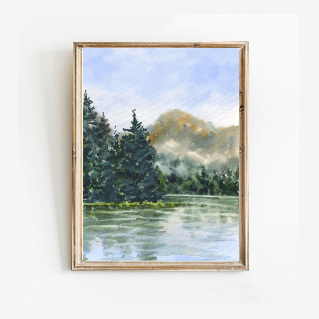 Mountain Forest Lake Landscape Printable, Watercolor Painting, Living ...