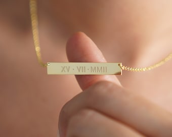 Sterling Silver Bar Necklace, Name Wedding date Roman numerals necklace, Handwriting Name Necklace, Gift For Girlfriend, Christmas Gift