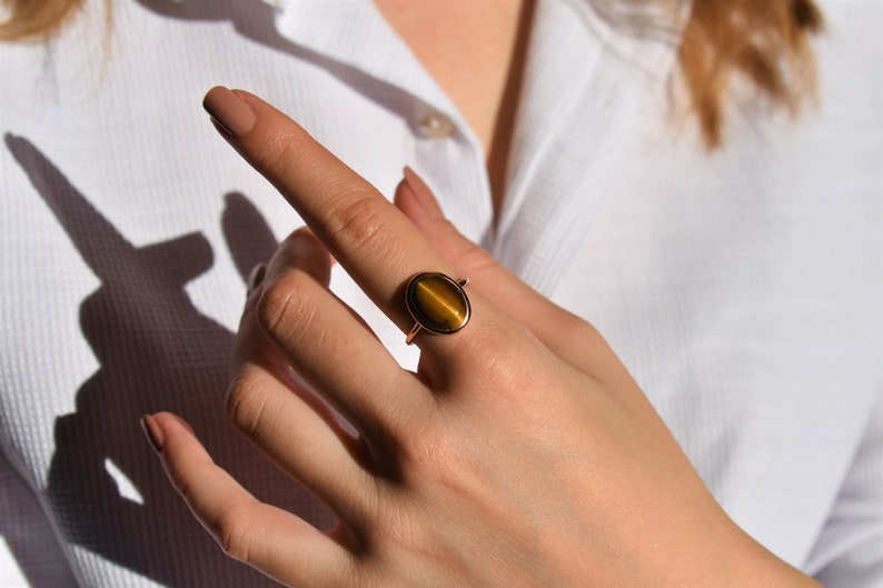 Tiger Eye Statement Ring, Brown Gemstone Ring, Shiny Gold Ring, Minimalist Ring, Boho Ring, Christmas Gift for Her, 925 Sterling Silver image 4