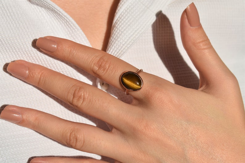 Tiger Eye Statement Ring, Brown Gemstone Ring, Shiny Gold Ring, Minimalist Ring, Boho Ring, Christmas Gift for Her, 925 Sterling Silver image 9