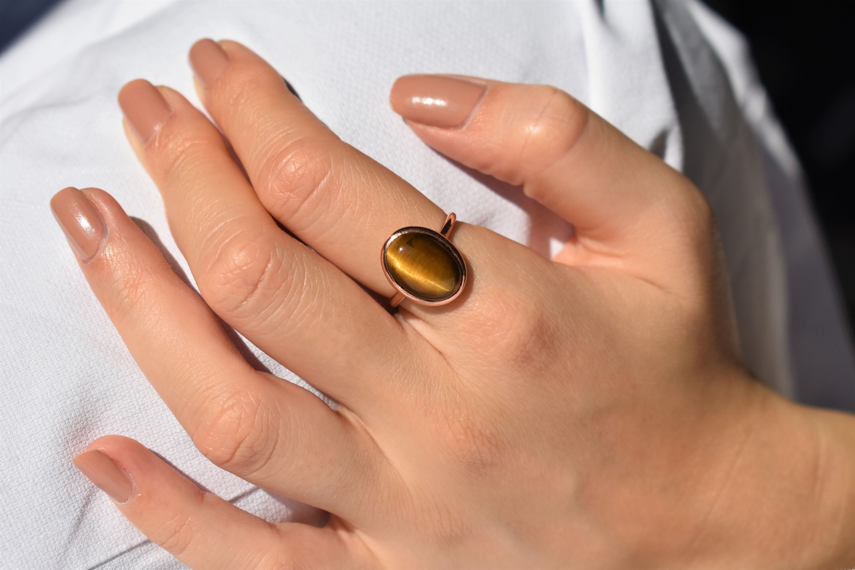 Tiger Eye Statement Ring, Brown Gemstone Ring, Shiny Gold