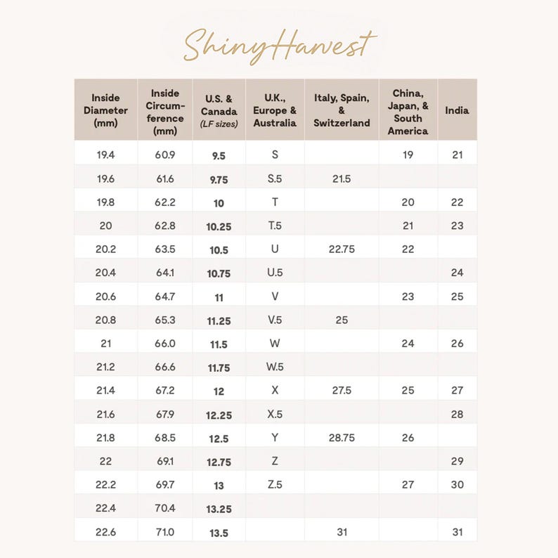 May include: A ring size conversion chart, branded "Shiny Harvest". It displays ring sizes in mm for inside diameter and circumference, alongside corresponding sizes for the UK, Europe, Australia, and other regions. The chart is designed to help customers find their ring size.
