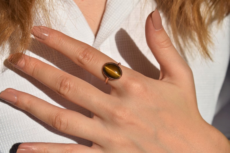 Tiger Eye Statement Ring, Brown Gemstone Ring, Shiny Gold Ring, Minimalist Ring, Boho Ring, Christmas Gift for Her, 925 Sterling Silver image 6