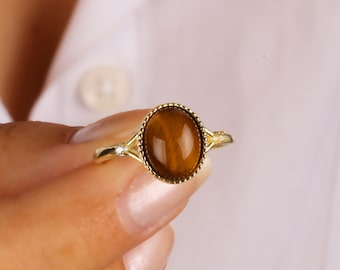 Tiger Eye Statement Ring, Brown Stone Ring, Minimalistische Ring, Tiger Eye Sieraden, Verschillende Vrouwen Tiger Eye Ringen, 925 Sterling Zilver