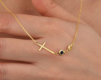 Personalized Birthstone Cross Necklace: 14k Gold Christian Pendant