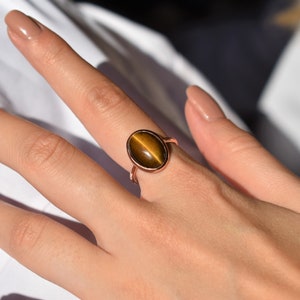 Tiger Eye Statement Ring, Brown Gemstone Ring, Shiny Gold Ring, Minimalist Ring, Boho Ring, Christmas Gift for Her, 925 Sterling Silver image 5