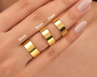 14K Gold Cigar Band Rings, 7mm-8mm-9mm Wedding Bands, Chunky Gold Rings, Gift For Her, Gift For Him, Wedding Band for Men and Women