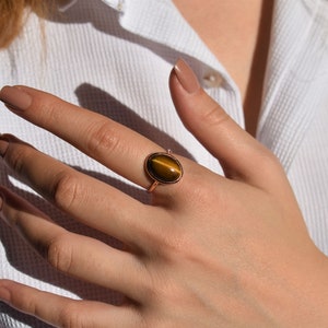 Tiger Eye Statement Ring, Brown Gemstone Ring, Shiny Gold Ring, Minimalist Ring, Boho Ring, Christmas Gift for Her, 925 Sterling Silver image 7