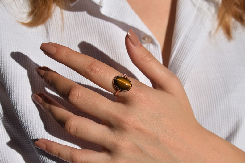 Tiger Eye Statement Ring, Brown Gemstone Ring, Shiny Gold Ring, Minimalist Ring, Boho Ring, Christmas Gift for Her, 925 Sterling Silver image 7