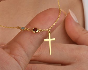 Sterling Silver Cross Necklace: 14k Gold Pendant, Christian Birthstone Jewelry